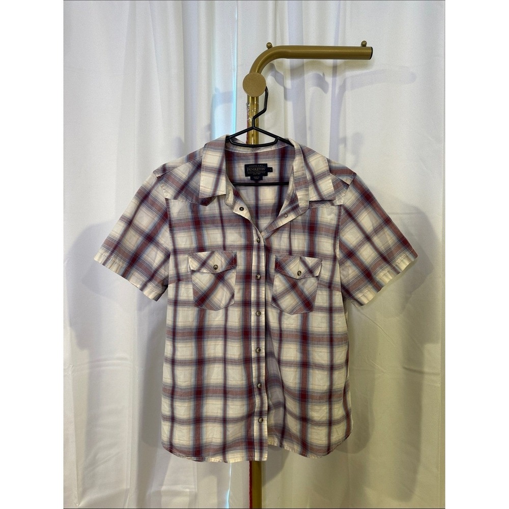 Pendleton Short-Sleeve Plaid Button-Down in White, Red & Blue